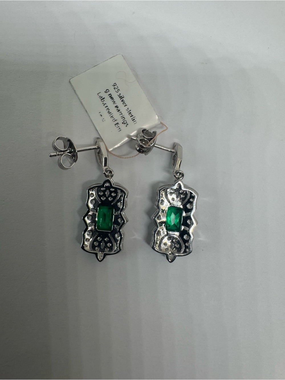 925 Sterling Silver Gold Plated Lab Created Emerald Stud Earrings - Picture 8 of 13
